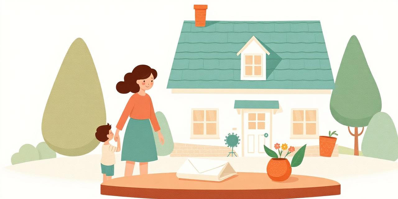 Illustration : un parent et un enfant main dans la main devant une maison, une enveloppe au premier plan.