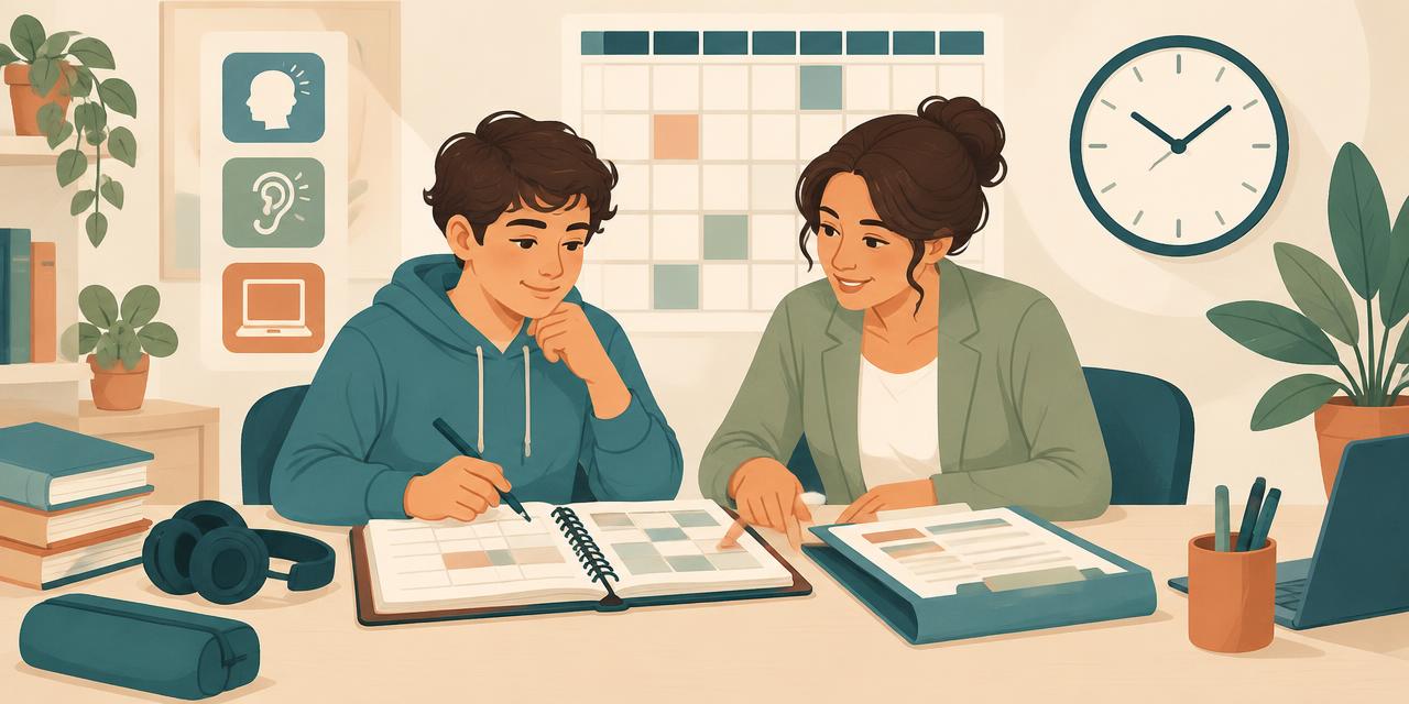 Illustration : un élève et une enseignante préparent un dossier devant un agenda, un calendrier mural et une horloge.
