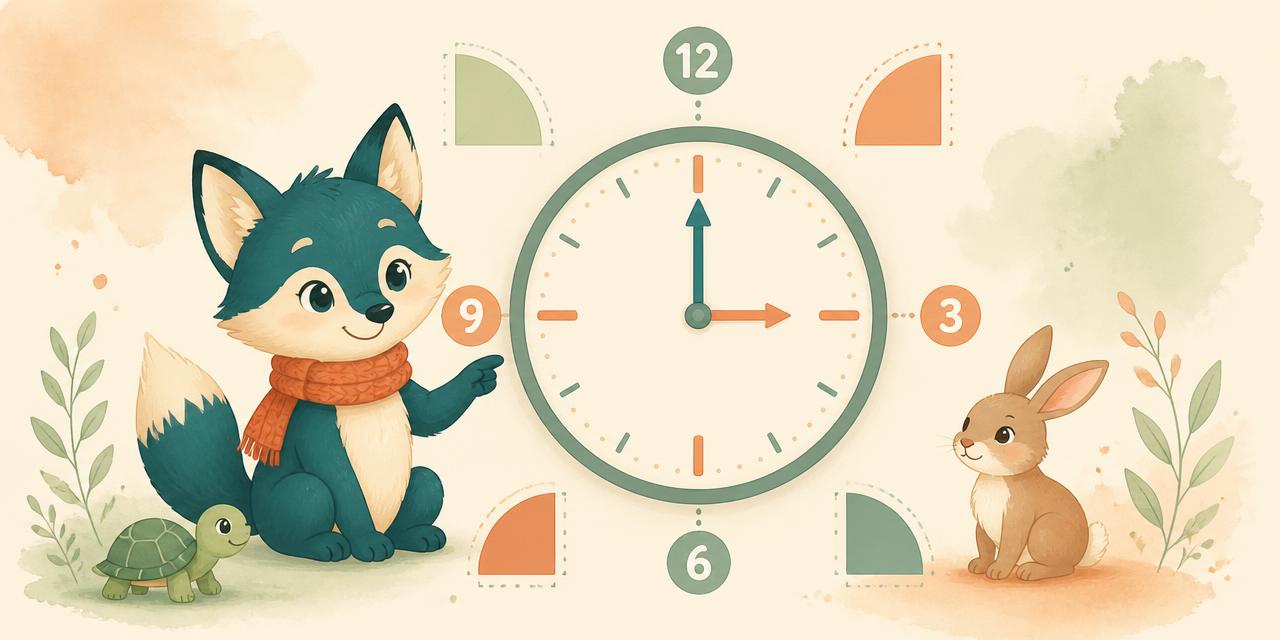 Illustration : le renardeau Nova à côté d'une horloge à aiguilles, avec une tortue et un lièvre pour repérer les heures et les minutes.
