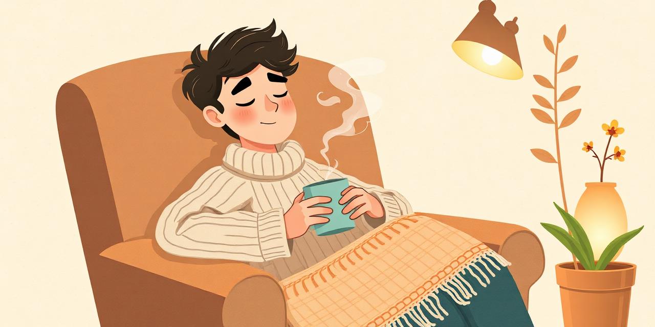 Illustration : un adulte au repos dans un fauteuil douillet, une tasse fumante à la main.