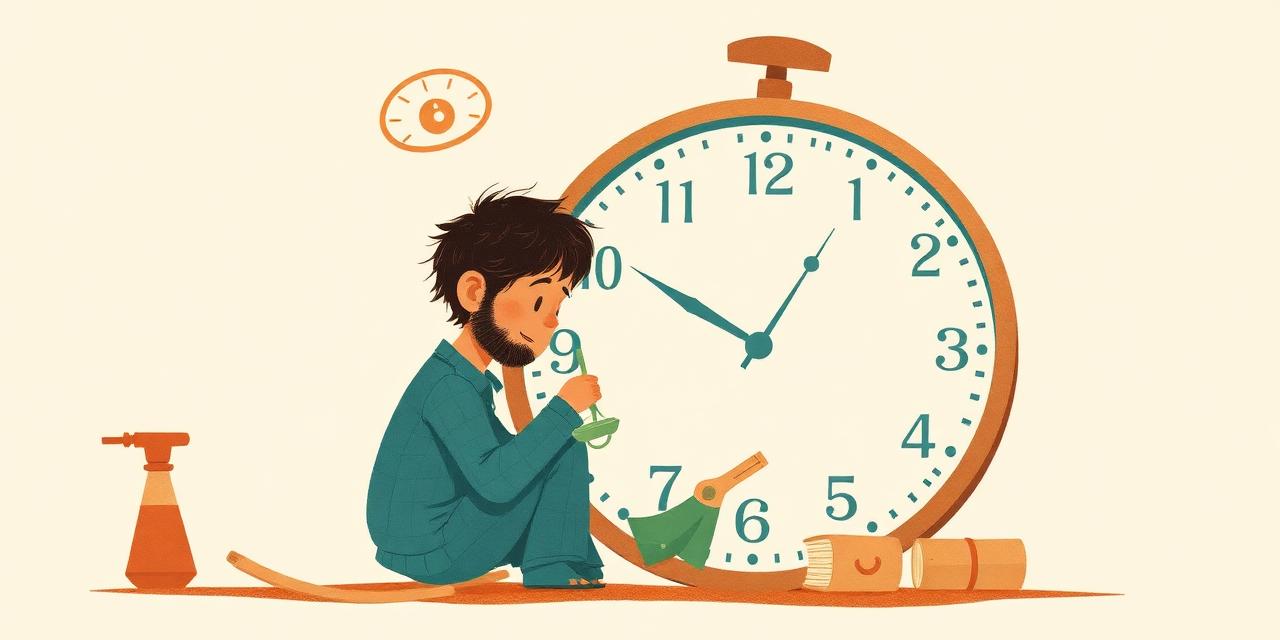 Illustration : une grande horloge onirique près d'une personne absorbée par sa tâche.