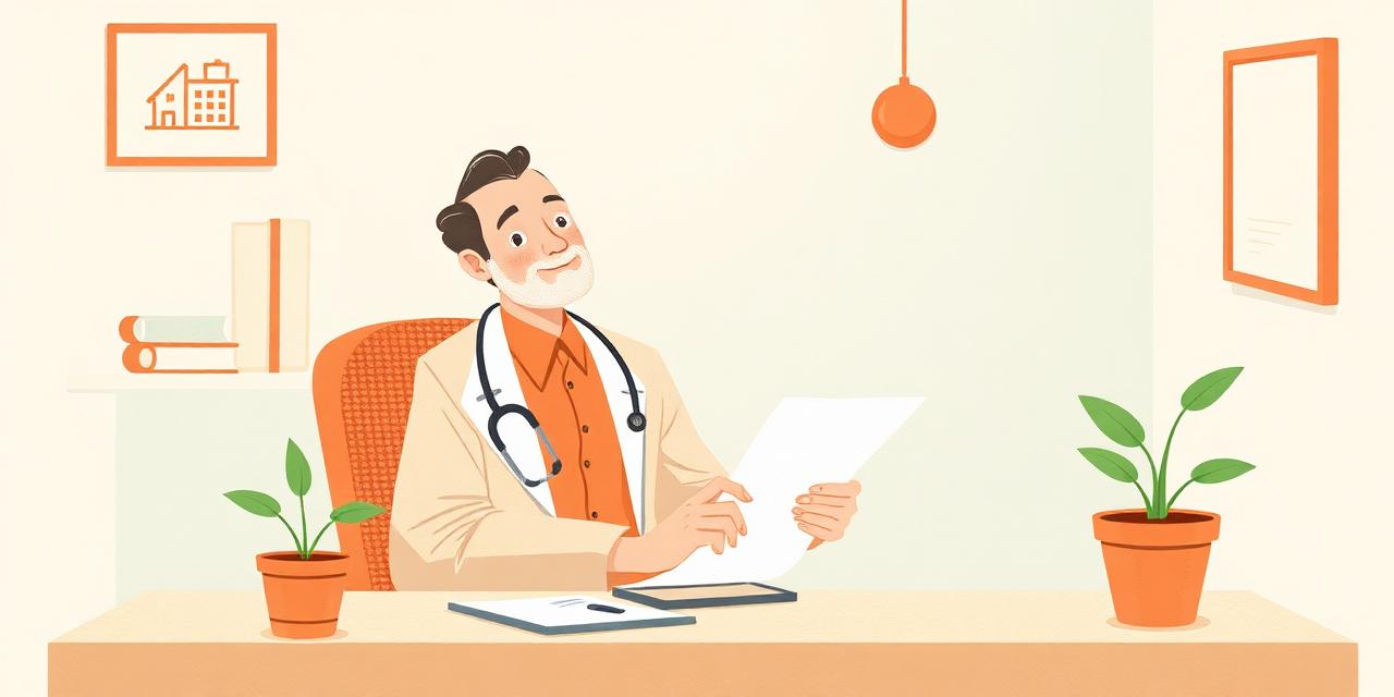 Illustration : un médecin bienveillant remplissant un formulaire dans un cabinet apaisé.
