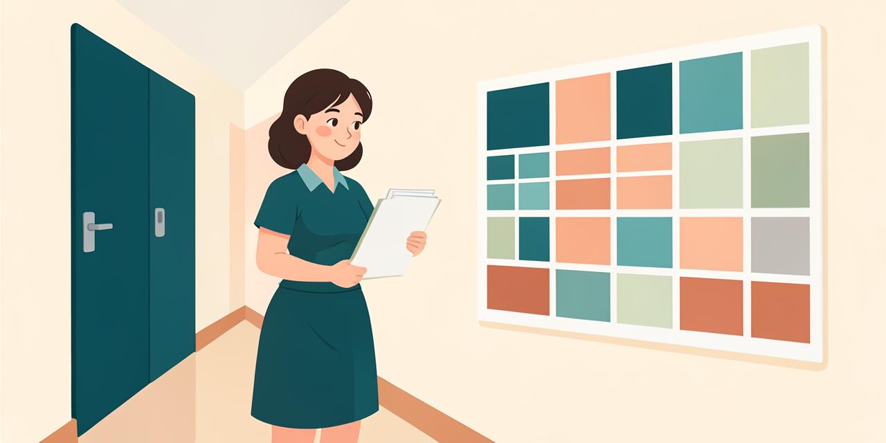 Illustration : une enseignante devant un planning mural coloré, un dossier de documents à la main.