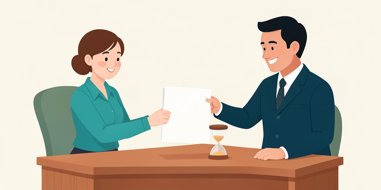 Illustration : une AESH reçoit un document devant un bureau, avec un sablier pour évoquer les étapes d’évolution de son statut.