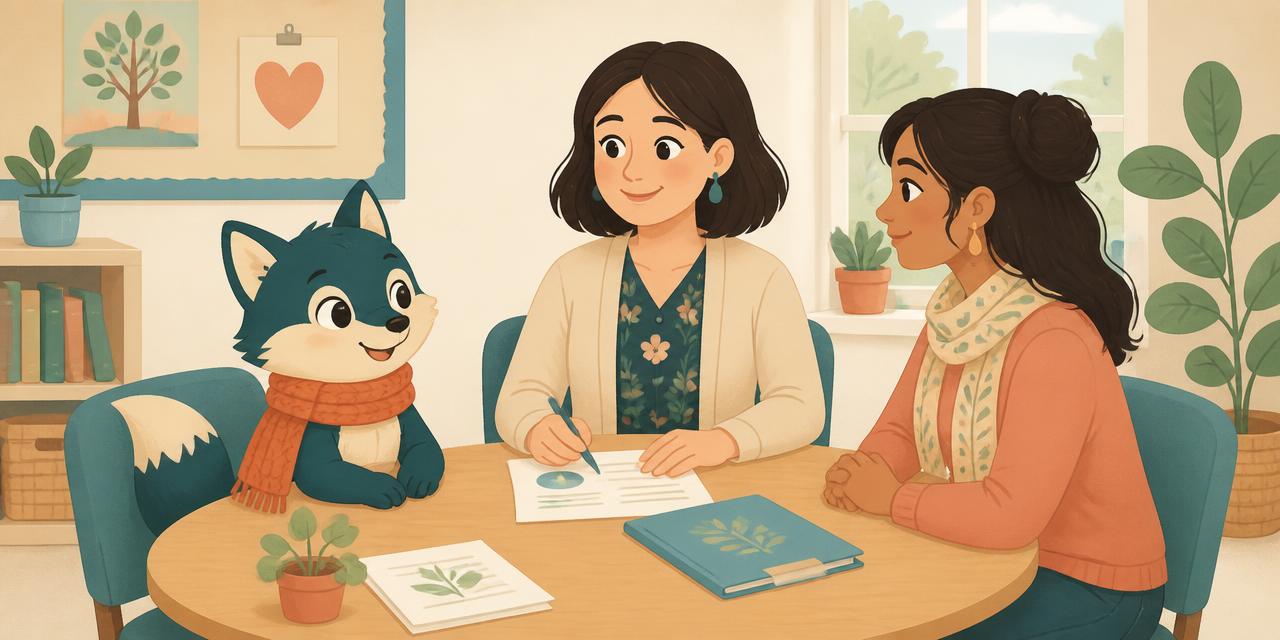 Illustration : le renardeau Nova assis à une table de réunion avec une enseignante et une mère, des documents et un classeur posés devant eux.