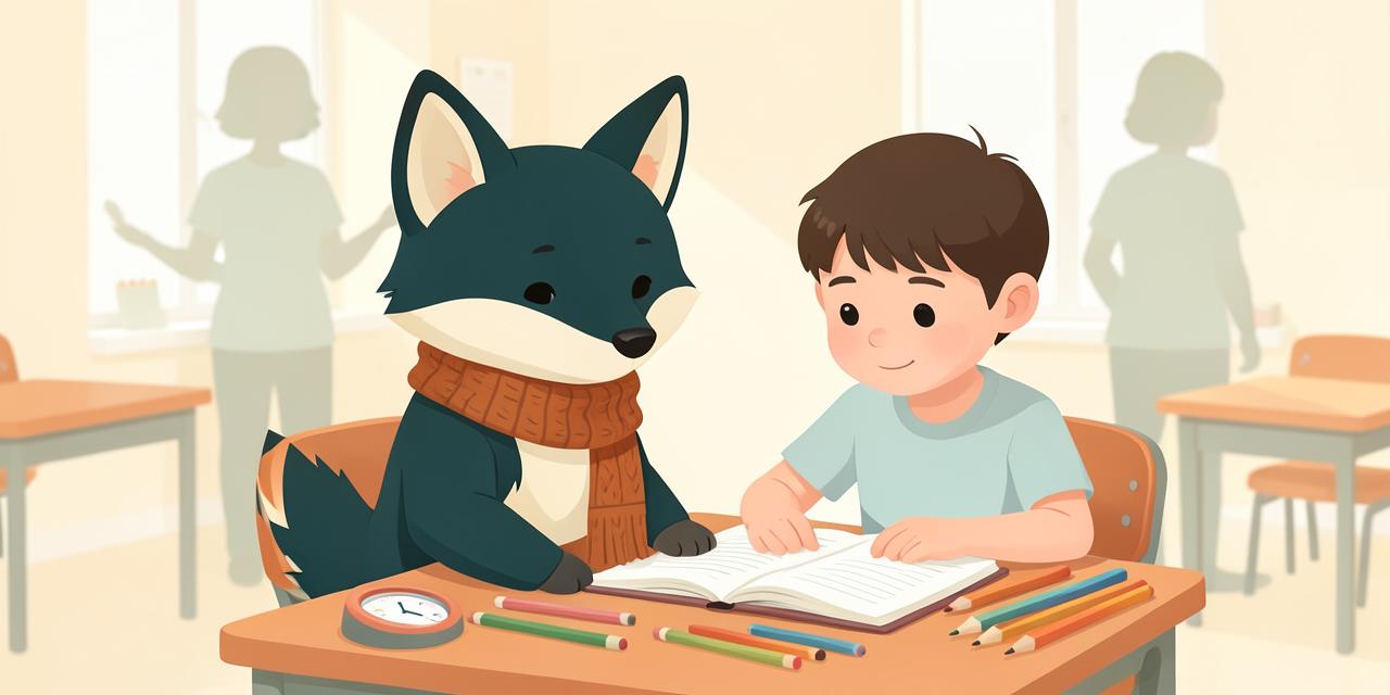 Illustration : le renardeau Nova assis à un bureau de classe aux côtés d'un élève, avec un minuteur visuel et des crayons de couleur.