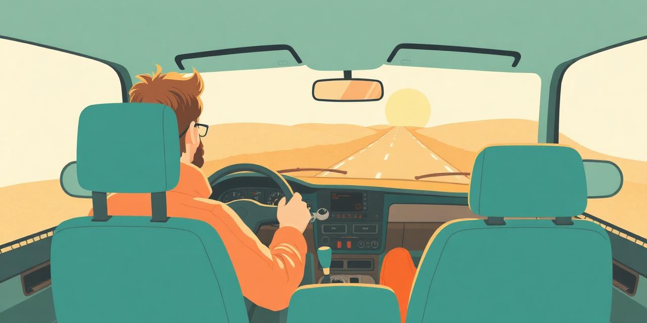 Illustration : l'intérieur d'une voiture, volant tenu par un conducteur, route douce à l'horizon.