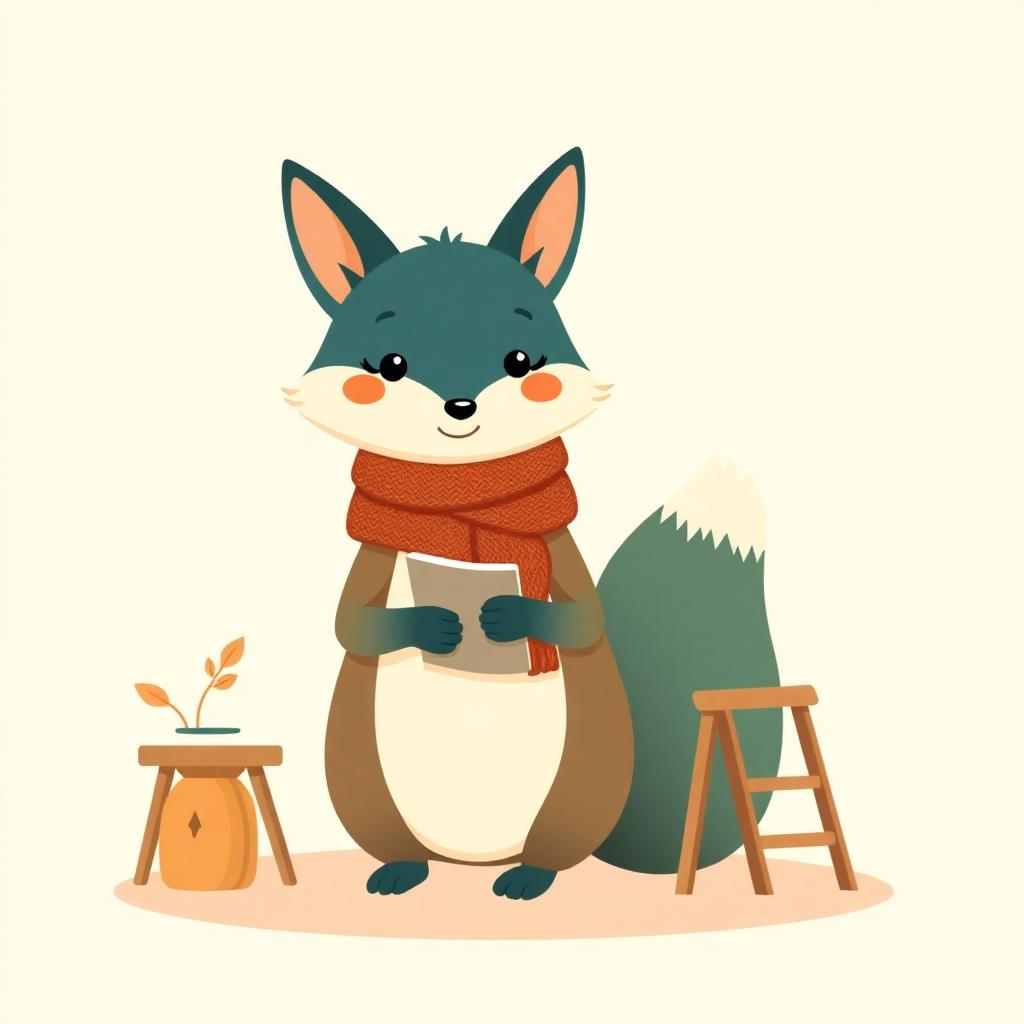 Illustration : Nova, le renardeau mascotte de Nova-Organise, à côté d'un escabeau