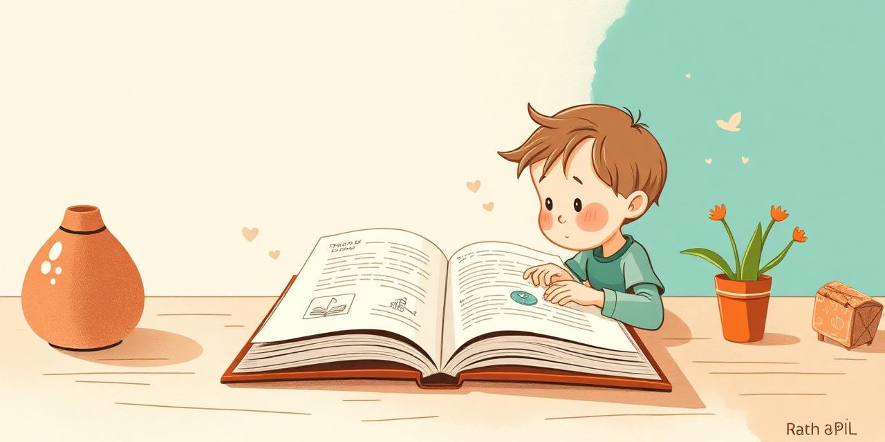 Illustration : un enfant feuilletant un guide illustré rempli de pictogrammes.