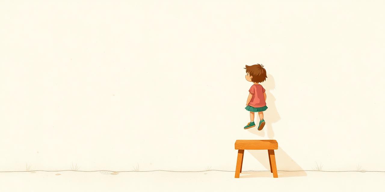 Illustration : un enfant monté sur un escabeau en bois pour regarder par-dessus un mur.
