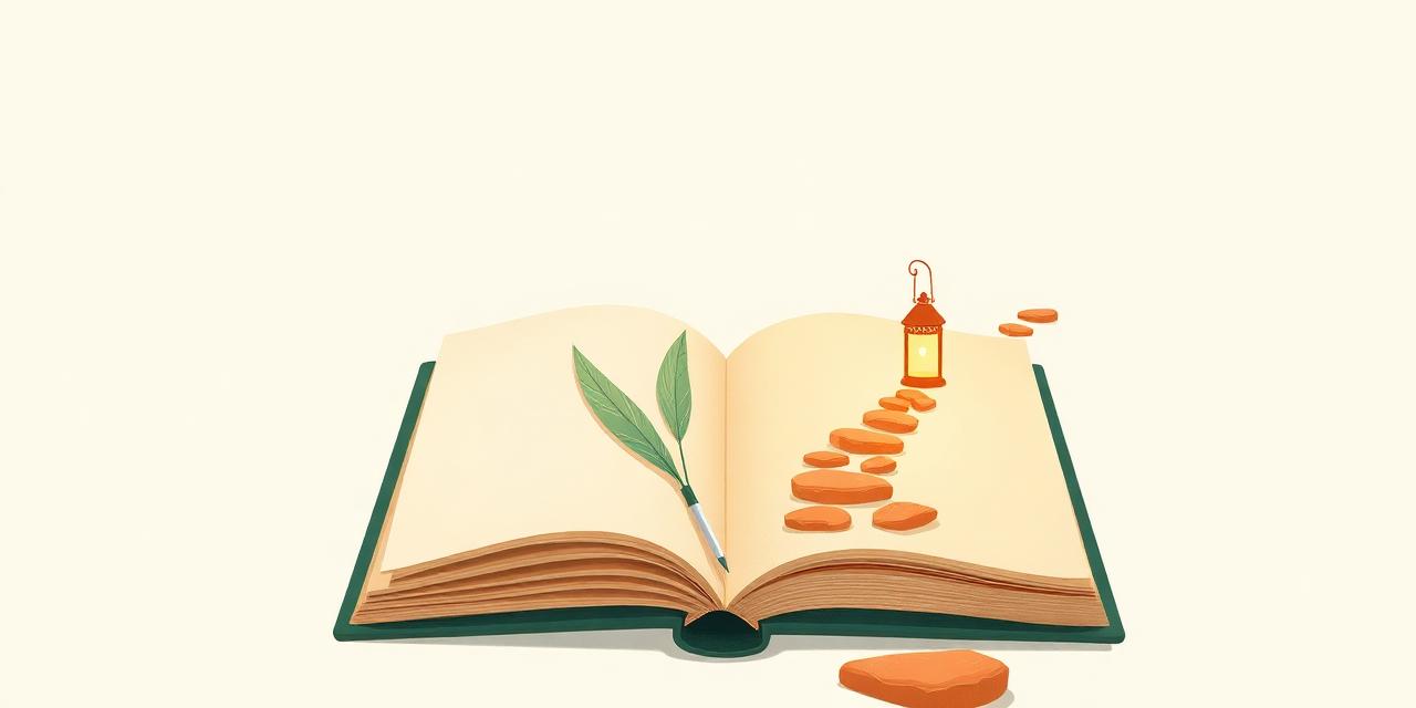 Illustration : un cahier ouvert, un stylo plume et une lanterne éclairant un chemin de galets.