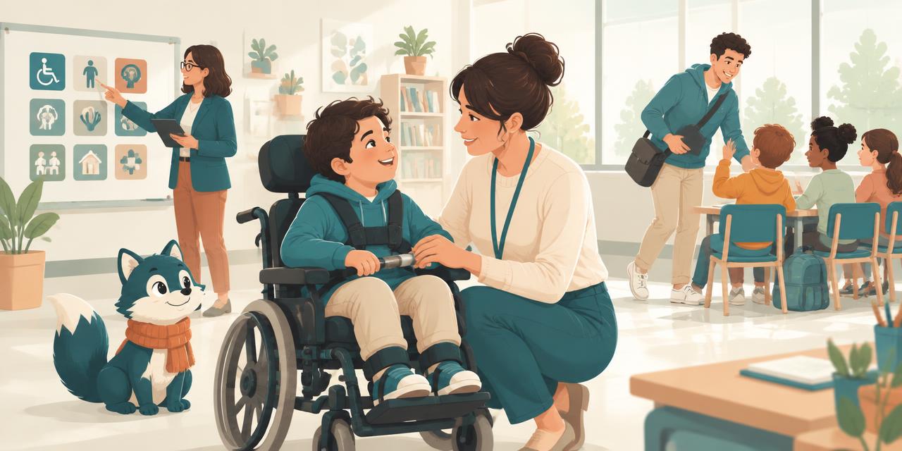 Illustration : une AESH accompagne un élève en fauteuil roulant, tandis qu'une conseillère coordonne l'accessibilité et qu'un assistant intervient auprès d'une classe, avec le renardeau Nova au premier plan.