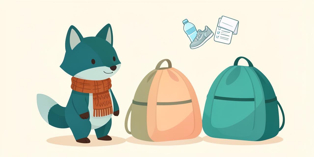 Illustration : le renardeau Nova à côté de trois sacs de sport de tailles différentes, avec des pictogrammes de gourde, baskets et checklist.